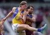 BRISBANE, AUSTRALIA - MARCH 23: Harley Reid of the Eagles in action during the 2025 AFL Round 02 match between the Brisbane Lions and the West Coast Eagles at The Gabba on March 23, 2025 in Brisbane, Australia. (Photo by Russell Freeman/AFL Photos via Getty Images)