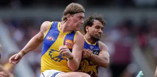 BRISBANE, AUSTRALIA - MARCH 23: Harley Reid of the Eagles in action during the 2025 AFL Round 02 match between the Brisbane Lions and the West Coast Eagles at The Gabba on March 23, 2025 in Brisbane, Australia. (Photo by Russell Freeman/AFL Photos via Getty Images)