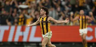 “No common sense”: Hawthorn demand answers over peculiar Watson-umpire call MELBOURNE, AUSTRALIA - MARCH 20: Nick Watson of the Hawks celebrates kicking a goal during the round two AFL match between Carlton Blues and Hawthorn Hawks at Melbourne Cricket Ground on March 20, 2025, in Melbourne, Australia. (Photo by Robert Cianflone/Getty Images)