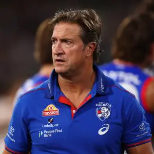MELBOURNE, AUSTRALIA - MARCH 21: Luke Beveridge, Head Coach of the Bulldogs watches on during the round two AFL match between Footscray Bulldogs (Western Bulldogs) and Collingwood Magpies at Melbourne Cricket Ground, on March 21, 2025, in Melbourne, Australia. (Photo by Morgan Hancock/AFL Photos/Getty Images)