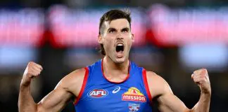 MELBOURNE, AUSTRALIA - MARCH 28: Sam Darcy of the Bulldogs celebrates kicking a goal during the round three AFL match between Carlton Blues and Western Bulldogs at Marvel Stadium, on March 28, 2025, in Melbourne, Australia. (Photo by Quinn Rooney/Getty Images)