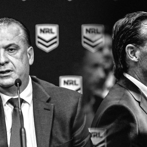 NRL boss Peter V'landys and AFL chief executive Andrew Dillon (R).