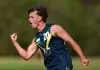 MELBOURNE, AUSTRALIA - APRIL 13: Daniel Annable of the AFL National Academy celebrates kicking a goal during the Marsh AFL National Academy Boys match between Australia U18 and Richmond VFL at RSEA Park on April 13, 2025 in Melbourne, Australia. (Photo by Josh Chadwick/AFL Photos)