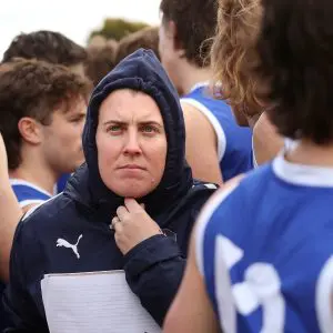 MELBOURNE, AUSTRALIA - SEPTEMBER 09: Lauren Morecroft, Coach of the Eastern Ranges looks on at 3/4 time during the Coates Talent League Boys Quarter Final match between Eastern Ranges and Oakleigh Chargers at Highgate Reserve on September 09, 2023 in Melbourne, Australia. (Photo by Kelly Defina/AFL Photos/via Getty Images )
