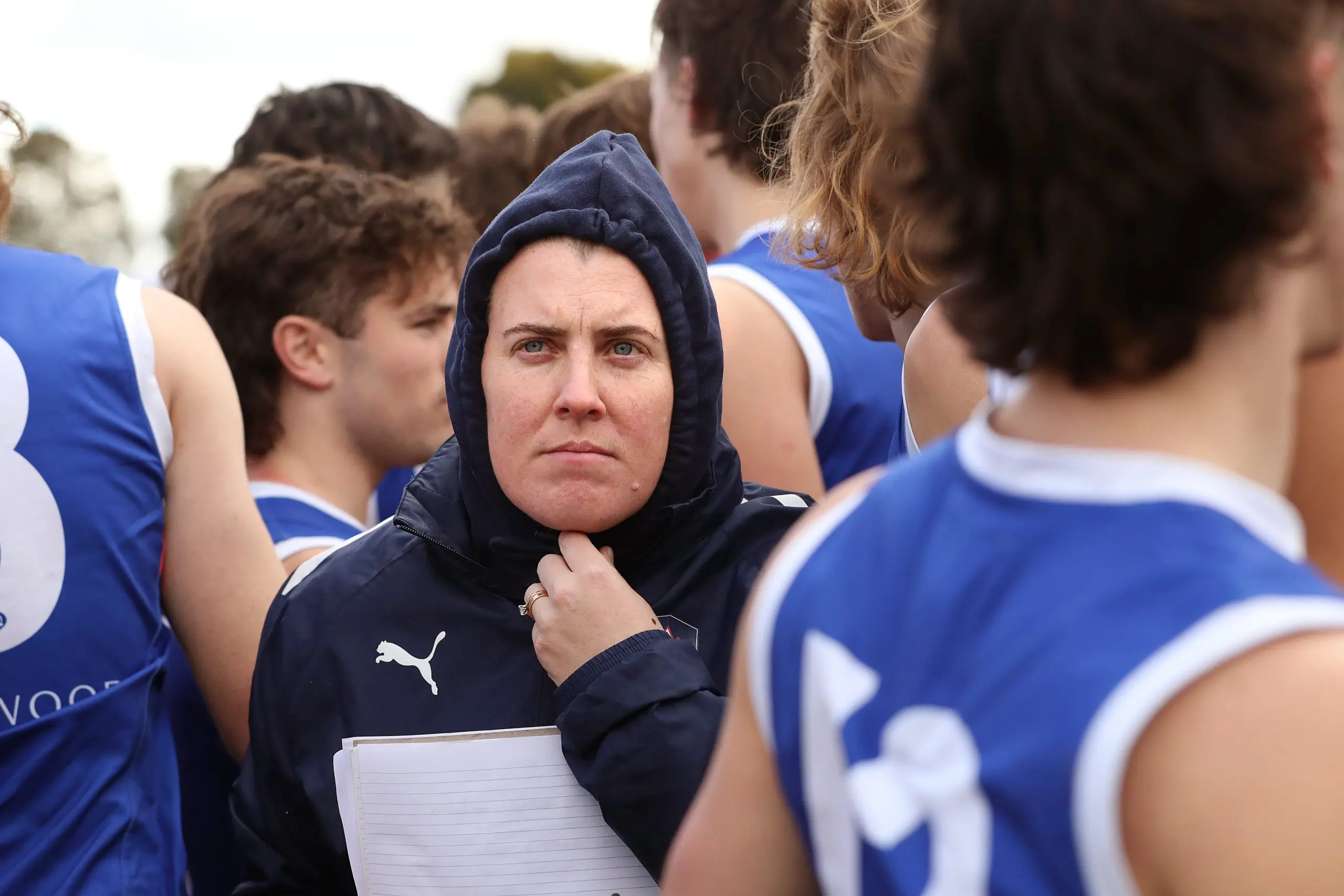 MELBOURNE, AUSTRALIA - SEPTEMBER 09: Lauren Morecroft, Coach of the Eastern Ranges looks on at 3/4 time during the Coates Talent League Boys Quarter Final match between Eastern Ranges and Oakleigh Chargers at Highgate Reserve on September 09, 2023 in Melbourne, Australia. (Photo by Kelly Defina/AFL Photos/via Getty Images )