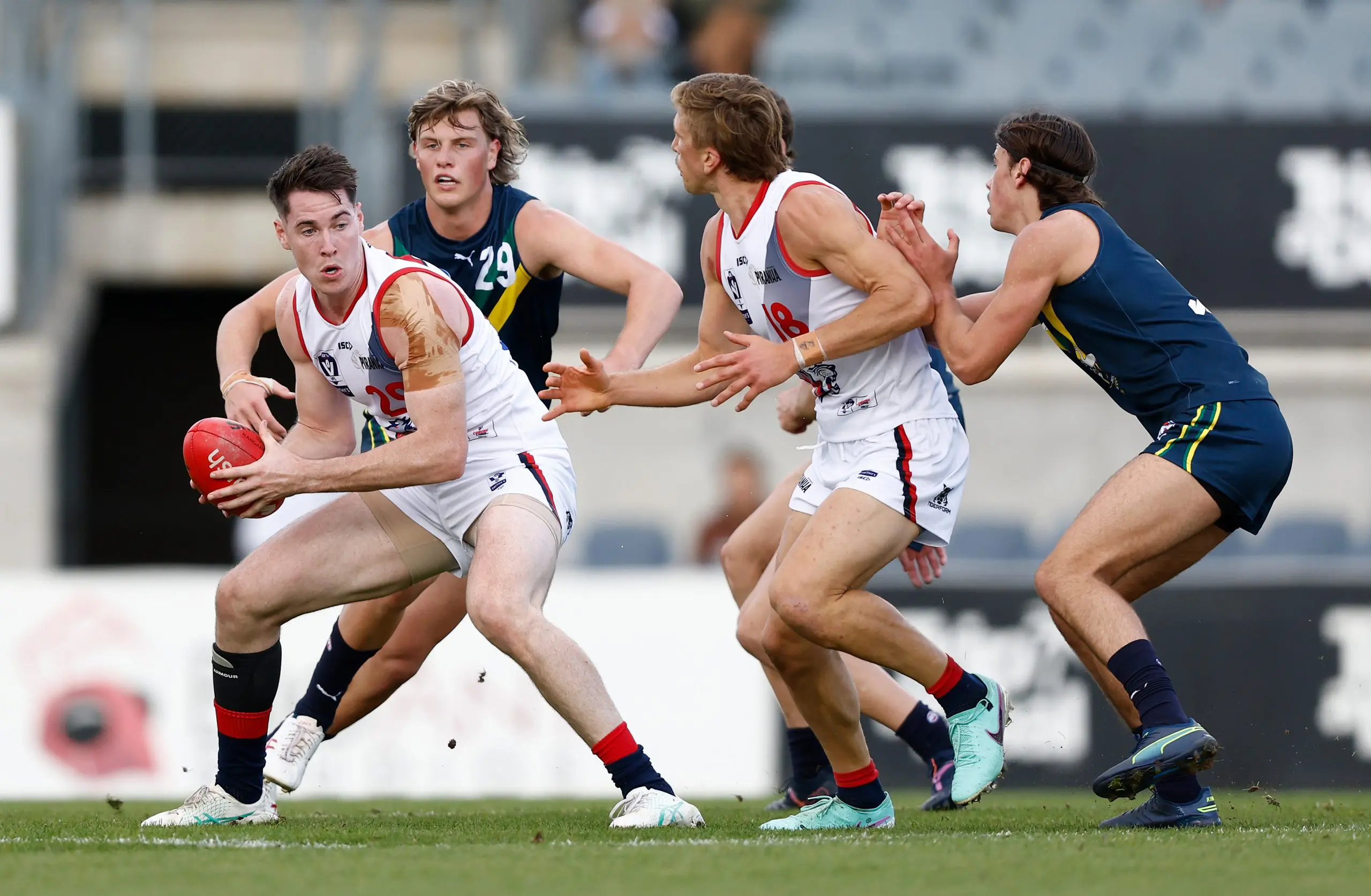 MELBOURNE, AUSTRALIA - APRIL 13: Cooper Keogh of the Coburg Lions in action during the 2024 AFL Academy match between the Marsh AFL National Academy Boys and Coburg Lions at Ikon Park on April 13, 2024 in Melbourne, Australia. (Photo by Michael Willson/AFL Photos via Getty Images)