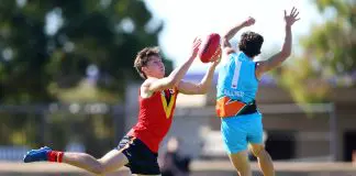 ADELAIDE, AUSTRALIA - MAY 26: Sam Cumming of South Australia and Nicholas Andreacchi of the Allies during the 2024 Marsh AFL Championships U18 Boys match between South Australia and Allies at Thebarton Oval on May 26, 2024 in Melbourne, Australia. (Photo by Sarah Reed/AFL Photos via Getty Images)