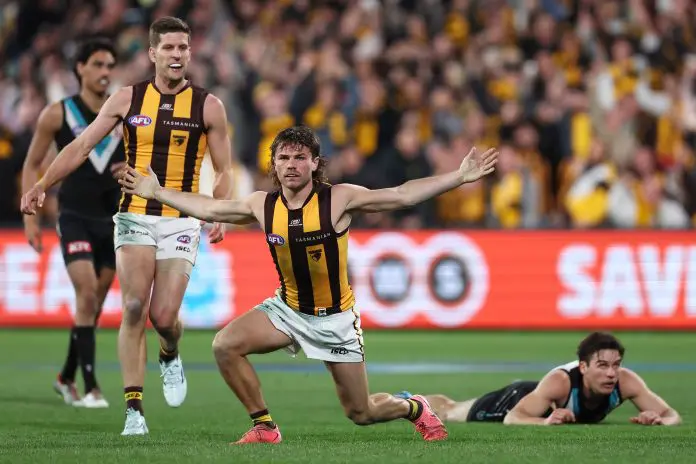 ADELAIDE, AUSTRALIA - SEPTEMBER 13: Luke Breust and Nick Watson of the Hawks celebrates a goal during the 2024 AFL Second Semi Final match between the Port Adelaide Power and the Hawthorn Hawks at Adelaide Oval on September 13, 2024 in Adelaide, Australia. (Photo by James Elsby/AFL Photos via Getty Images)