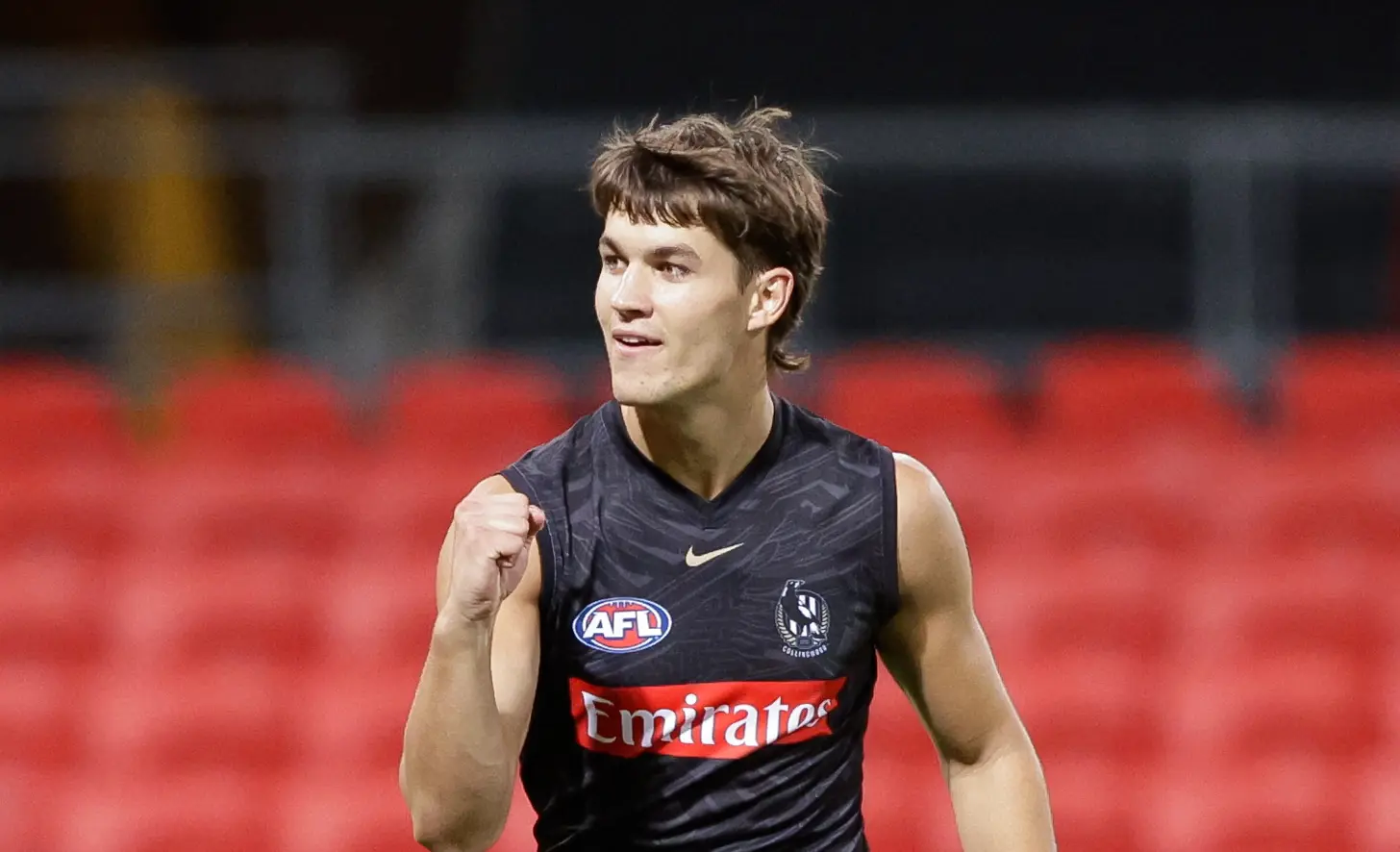 GOLD COAST, AUSTRALIA - FEBRUARY 20: Charlie West of the Magpies celebrates a goal during the 2025 AFL Match Simulation between the Gold Coast Suns and Collingwood Magpies at People First Stadium on February 20, 2025 in the Gold Coast, Australia. (Photo by Russell Freeman/AFL Photos via Getty Images)