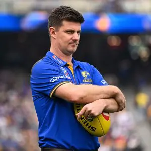 PERTH, AUSTRALIA - MARCH 30: Andrew McQualter, Senior Coach of the Eagles looks on during the 2025 AFL Round 03 match between the West Coast Eagles and the Fremantle Dockers at Optus Stadium on March 30, 2025 in Perth, Australia. (Photo by Daniel Carson/AFL Photos via Getty Images)