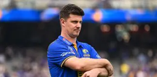 PERTH, AUSTRALIA - MARCH 30: Andrew McQualter, Senior Coach of the Eagles looks on during the 2025 AFL Round 03 match between the West Coast Eagles and the Fremantle Dockers at Optus Stadium on March 30, 2025 in Perth, Australia. (Photo by Daniel Carson/AFL Photos via Getty Images)