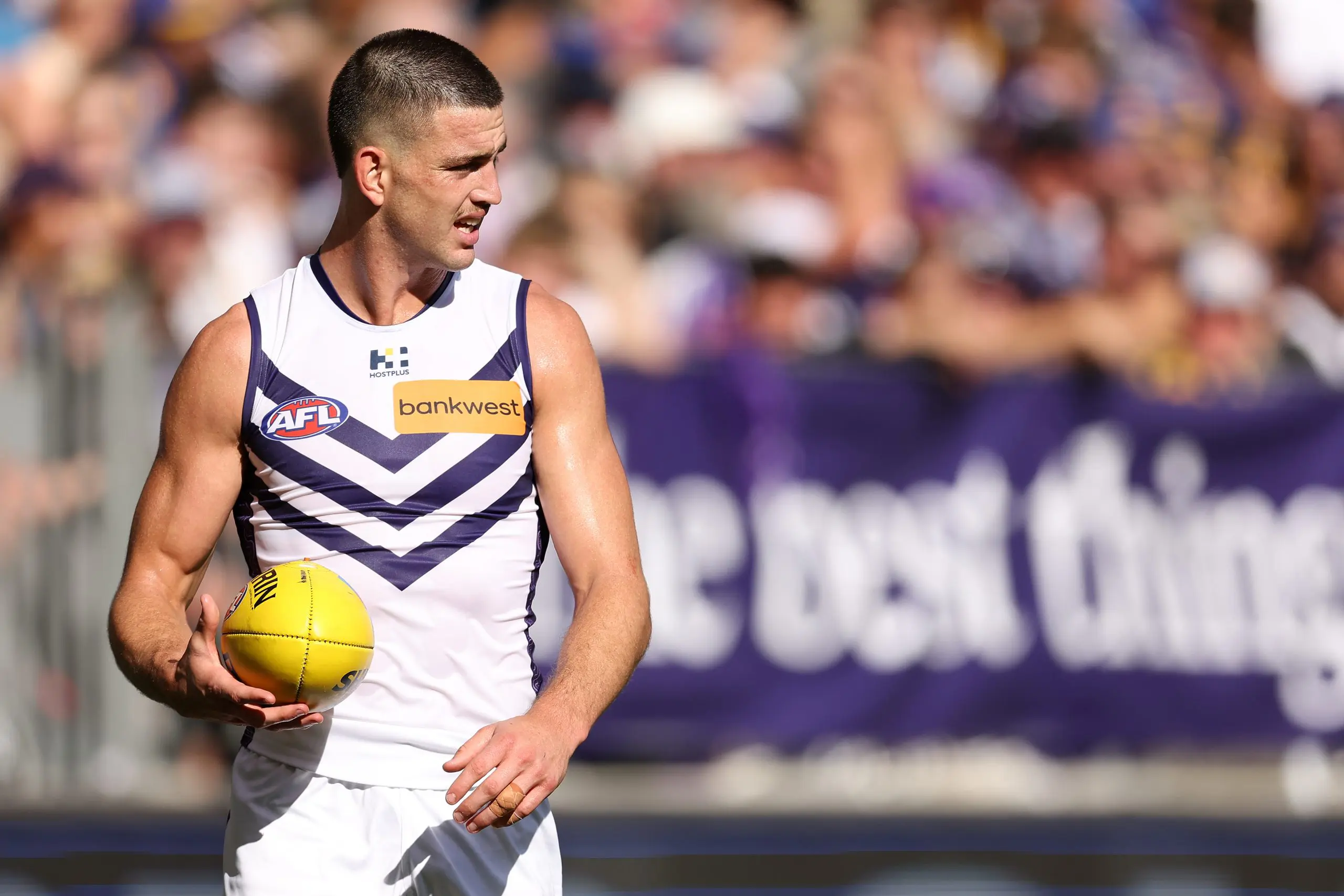 PERTH, AUSTRALIA - MARCH 30: Patrick Voss of the Dockers looks on during the round three AFL match between West Coast Eagles and Fremantle Dockers at Optus Stadium, on March 30, 2025, in Perth, Australia. (Photo by Paul Kane/Getty Images)