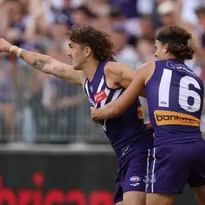 PERTH, AUSTRALIA - APRIL 06: Luke Jackson of the Dockers celebrates a goal during the 2025 AFL Round 04 match between the Fremantle Dockers and the Western Bulldogs at Optus Stadium on April 6, 2025 in Perth, Australia. (Photo by Janelle St Pierre/AFL Photos via Getty Images)