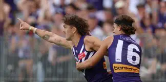 PERTH, AUSTRALIA - APRIL 06: Luke Jackson of the Dockers celebrates a goal during the 2025 AFL Round 04 match between the Fremantle Dockers and the Western Bulldogs at Optus Stadium on April 6, 2025 in Perth, Australia. (Photo by Janelle St Pierre/AFL Photos via Getty Images)