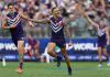 PERTH, AUSTRALIA - APRIL 06: Shai Bolton of the Dockers celebrates a goal during the 2025 AFL Round 04 match between the Fremantle Dockers and the Western Bulldogs at Optus Stadium on April 6, 2025 in Perth, Australia. (Photo by Janelle St Pierre/AFL Photos via Getty Images)