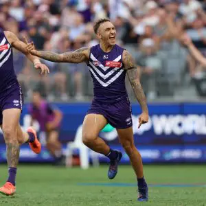 PERTH, AUSTRALIA - APRIL 06: Shai Bolton of the Dockers celebrates a goal during the 2025 AFL Round 04 match between the Fremantle Dockers and the Western Bulldogs at Optus Stadium on April 6, 2025 in Perth, Australia. (Photo by Janelle St Pierre/AFL Photos via Getty Images)