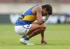 SYDNEY, AUSTRALIA - APRIL 06: Tim Kelly of the Eagles reacts after defeat during the round four AFL match between GWS Giants and West Coast Eagles at ENGIE Stadium, on April 06, 2025, in Sydney, Australia. (Photo by Mark Metcalfe/AFL Photos/via Getty Images)