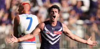 PERTH, AUSTRALIA - APRIL 06: Andrew Brayshaw of the Dockers celebrates a goal during the round four AFL match between Fremantle Dockers and Western Bulldogs at Perth Stadium, on April 06, 2025, in Perth, Australia. (Photo by Paul Kane/Getty Images)