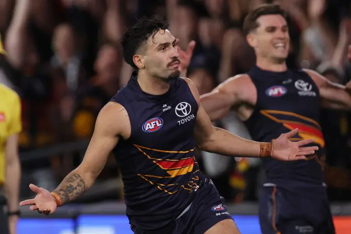 ADELAIDE, AUSTRALIA - APRIL 10: Izak Rankine of the Crows celebrates a goal during the 2025 AFL Round 05 match between the Adelaide Crows and the Geelong Cats at Adelaide Oval on April 10, 2025 in Adelaide, Australia. (Photo by James Elsby/AFL Photos via Getty Images)