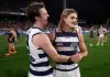 ADELAIDE, AUSTRALIA - APRIL 10: Max Holmes (left) and Bailey Smith of the Cats celebrate during the 2025 AFL Round 05 match between the Adelaide Crows and the Geelong Cats at Adelaide Oval on April 10, 2025 in Adelaide, Australia. (Photo by Michael Willson/AFL Photos via Getty Images)