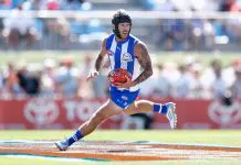 LYNDOCH, AUSTRALIA - APRIL 12: Caleb Daniel of the Kangaroos in action during the 2025 AFL Round 05 match between the North Melbourne Kangaroos and the Gold Coast Suns at Barossa Park on April 12, 2025 in Lyndoch, Australia. (Photo by Michael Willson/AFL Photos via Getty Images)