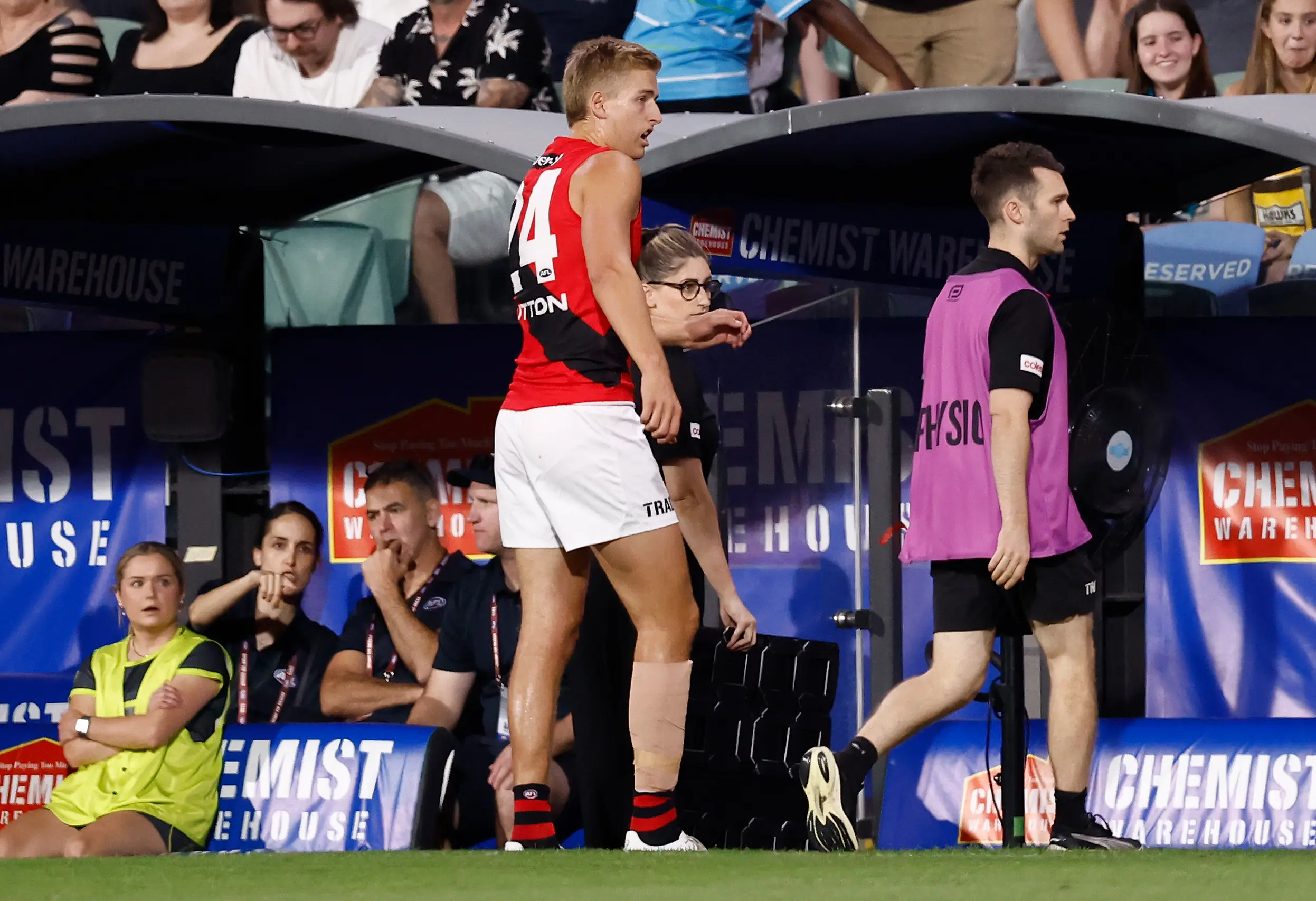ADELAIDE, AUSTRALIA - APRIL 12: Nick Bryan of the Bombers is seen injured during the 2025 AFL Round 05 match between the Melbourne Demons and the Essendon Bombers at Adelaide Oval on April 12, 2025 in Adelaide, Australia. (Photo by Michael Willson/AFL Photos via Getty Images)