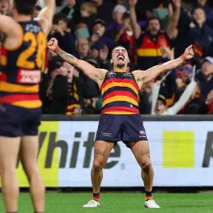 ADELAIDE, AUSTRALIA - APRIL 19: Izak Rankine of the Crows celebrates a goal during the 2025 AFL Round 06 match between the Adelaide Crows and the GWS Giants at Adelaide Oval on April 19, 2025 in Adelaide, Australia. (Photo by Sarah Reed/AFL Photos via Getty Images)