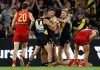 FINAL TEAMS: Richmond vs Gold Coast – Round 2, 2026 MELBOURNE, AUSTRALIA - APRIL 19: (L-R) Seth Campbell, Tim Taranto and Hugo Ralphsmith of the Tigers celebrate during the 2025 AFL Round 06 match between the Richmond Tigers and the Gold Coast Suns at Marvel Stadium on April 19, 2025 in Melbourne, Australia. (Photo by Michael Willson/AFL Photos via Getty Images)