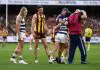 MELBOURNE, AUSTRALIA - APRIL 21: Conor Nash of the Hawks is seen as Gryan Miers of the Cats is taken from the field during the 2025 AFL Round 06 match between the Geelong Cats and the Hawthorn Hawks at the Melbourne Cricket Ground on April 21, 2025 in Melbourne, Australia. (Photo by Michael Willson/AFL Photos via Getty Images)