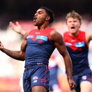 MELBOURNE, AUSTRALIA - APRIL 19: Kysaiah Pickett of the Demons celebrates kicking a goal during the round six AFL match between Melbourne Demons and Fremantle Dockers at Melbourne Cricket Ground, on April 19, 2025, in Melbourne, Australia. (Photo by Kelly Defina/Getty Images)