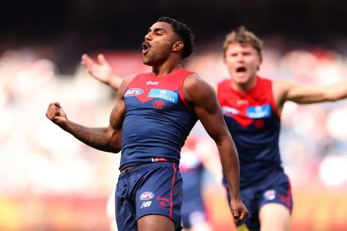 MELBOURNE, AUSTRALIA - APRIL 19: Kysaiah Pickett of the Demons celebrates kicking a goal during the round six AFL match between Melbourne Demons and Fremantle Dockers at Melbourne Cricket Ground, on April 19, 2025, in Melbourne, Australia. (Photo by Kelly Defina/Getty Images)