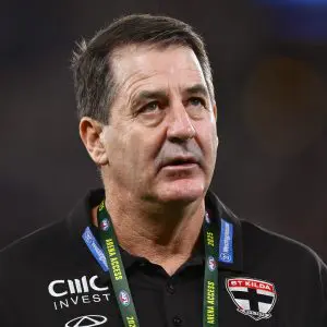 MELBOURNE, AUSTRALIA - APRIL 20: Ross Lyon, Senior Coach of the Saints looks on ahead of the round six AFL match between Western Bulldogs and St Kilda Saints at Marvel Stadium, on April 20, 2025, in Melbourne, Australia. (Photo by Quinn Rooney/Getty Images)