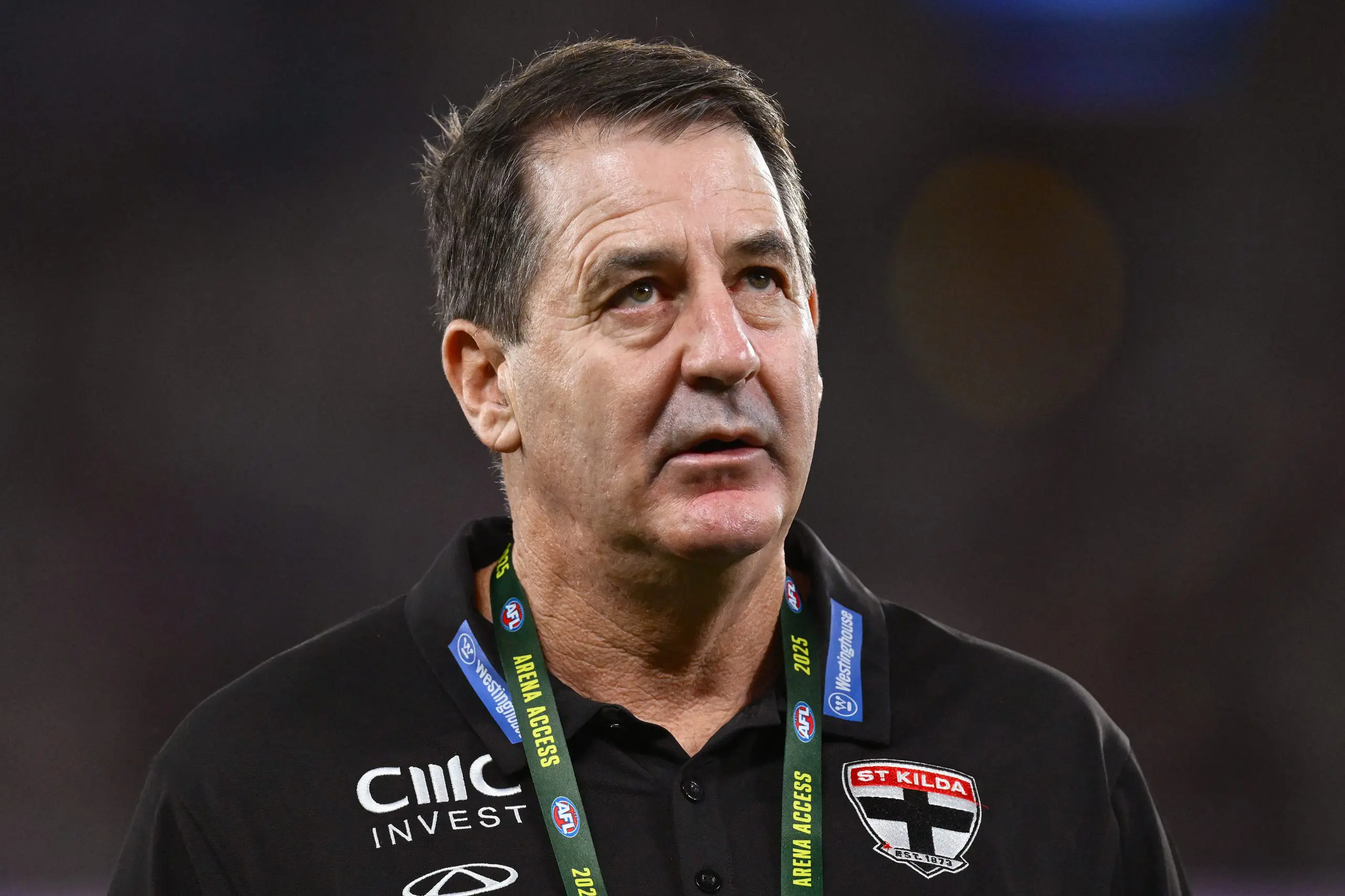 MELBOURNE, AUSTRALIA - APRIL 20: Ross Lyon, Senior Coach of the Saints looks on ahead of the round six AFL match between Western Bulldogs and St Kilda Saints at Marvel Stadium, on April 20, 2025, in Melbourne, Australia. (Photo by Quinn Rooney/Getty Images)