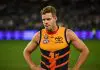 PERTH, AUSTRALIA - APRIL 25: Mitchell Hinge of the Crows looks dejected after a loss during the 2025 AFL Round 07 match between the Fremantle Dockers and the Adelaide Crows at Optus Stadium on April 25, 2025 in Perth, Australia. (Photo by Daniel Carson/AFL Photos via Getty Images)