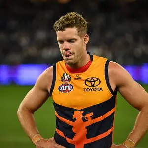 PERTH, AUSTRALIA - APRIL 25: Mitchell Hinge of the Crows looks dejected after a loss during the 2025 AFL Round 07 match between the Fremantle Dockers and the Adelaide Crows at Optus Stadium on April 25, 2025 in Perth, Australia. (Photo by Daniel Carson/AFL Photos via Getty Images)