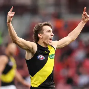 SYDNEY, AUSTRALIA - JUNE 04: Judson Clarke of the Tigers celebrates kicking a goal during the round 12 AFL match between Greater Western Sydney Giants and Richmond Tigers at GIANTS Stadium, on June 04, 2023, in Sydney, Australia. (Photo by Mark Kolbe/Getty Images)
