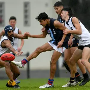 MELBOURNE, AUSTRALIA - JUNE 28: Jai Saxena of Vic Metro kicks during the Victorian Diversity All-Stars U18 Boys match between Vic Country and Vic Metro at Warrawee Park on June 28, 2023 in Melbourne, Australia. (Photo by Josh Chadwick/AFL Photos/AFL Photos via Getty Images)