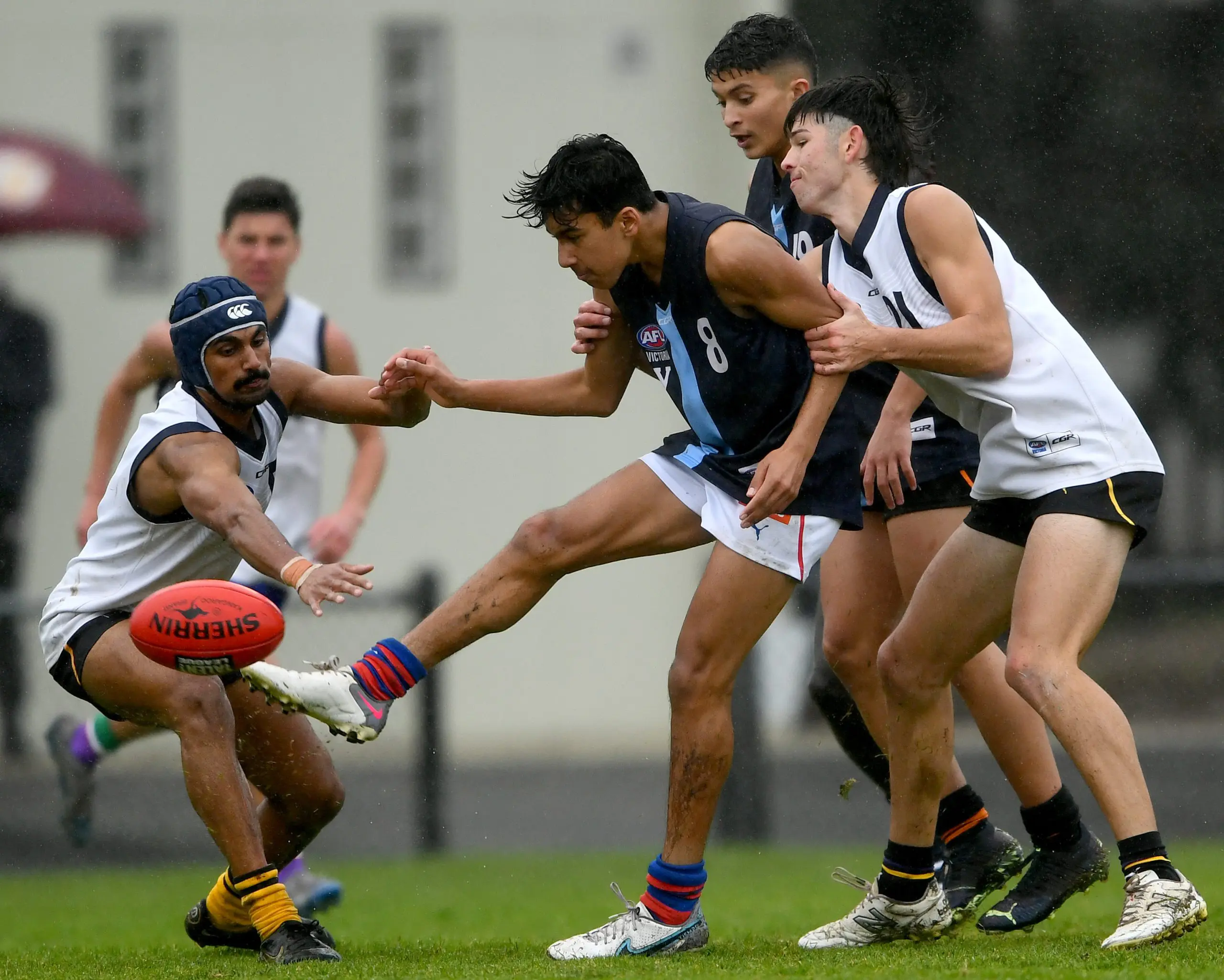 MELBOURNE, AUSTRALIA - JUNE 28: Jai Saxena of Vic Metro kicks during the Victorian Diversity All-Stars U18 Boys match between Vic Country and Vic Metro at Warrawee Park on June 28, 2023 in Melbourne, Australia. (Photo by Josh Chadwick/AFL Photos/AFL Photos via Getty Images)