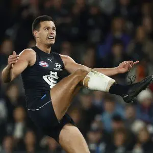MELBOURNE, AUSTRALIA - JULY 15: Jack Silvagni of the Blues kicks a goal during the round 18 AFL match between Carlton Blues and Port Adelaide Power at Marvel Stadium, on July 15, 2023, in Melbourne, Australia. (Photo by Daniel Pockett/Getty Images)