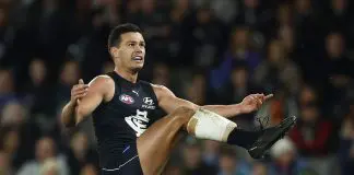 MELBOURNE, AUSTRALIA - JULY 15: Jack Silvagni of the Blues kicks a goal during the round 18 AFL match between Carlton Blues and Port Adelaide Power at Marvel Stadium, on July 15, 2023, in Melbourne, Australia. (Photo by Daniel Pockett/Getty Images)