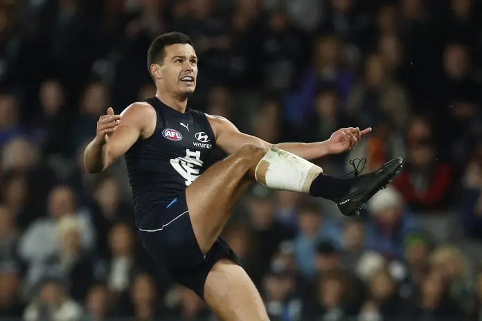 MELBOURNE, AUSTRALIA - JULY 15: Jack Silvagni of the Blues kicks a goal during the round 18 AFL match between Carlton Blues and Port Adelaide Power at Marvel Stadium, on July 15, 2023, in Melbourne, Australia. (Photo by Daniel Pockett/Getty Images)