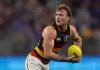 PERTH, AUSTRALIA - AUGUST 26: Luke Pedlar of the Crows in action during the round 24 AFL match between the West Coast Eagles and Adelaide Crows at Optus Stadium, on August 26, 2023, in Perth, Australia. (Photo by Paul Kane/Getty Images)
