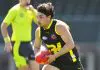 MELBOURNE, AUSTRALIA - SEPTEMBER 28: Hussien El Achkar of the Bachar Houli Senior Academy marks the ball during the 2023 Diversity Series match between Bachar Houli Academy and Victorian Diversity All Stars at Victoria Park on September 28, 2023 in Melbourne, Australia. (Photo by Morgan Hancock/AFL Photos via Getty Images)