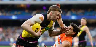 FINAL TEAMS: GWS vs Richmond – Round 5, 2026 MELBOURNE, AUSTRALIA - JULY 14: Tom Brown of the Tigers is tackled by Tom Green of the Giants during the 2024 AFL Round 18 match between the Richmond Tigers and the GWS GIANTS at Melbourne Cricket Ground on July 14, 2024 in Melbourne, Australia. (Photo by Michael Willson/AFL Photos via Getty Images)