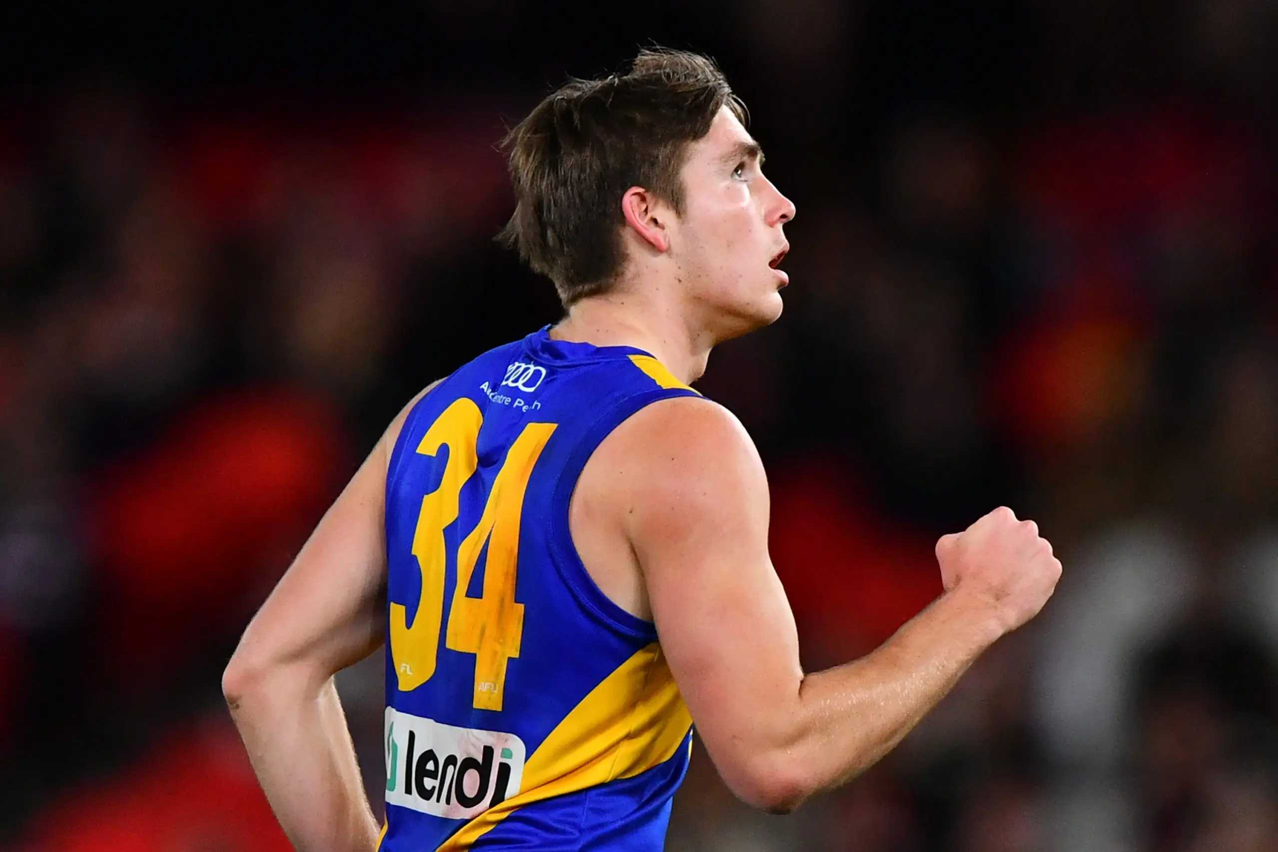 MELBOURNE, AUSTRALIA - JULY 20: Jack Williams of the Eagles celebrates kicking a goal during the round 19 AFL match between St Kilda Saints and West Coast Eagles at Marvel Stadium, on July 20, 2024, in Melbourne, Australia. (Photo by Josh Chadwick/AFL Photos/via Getty Images)