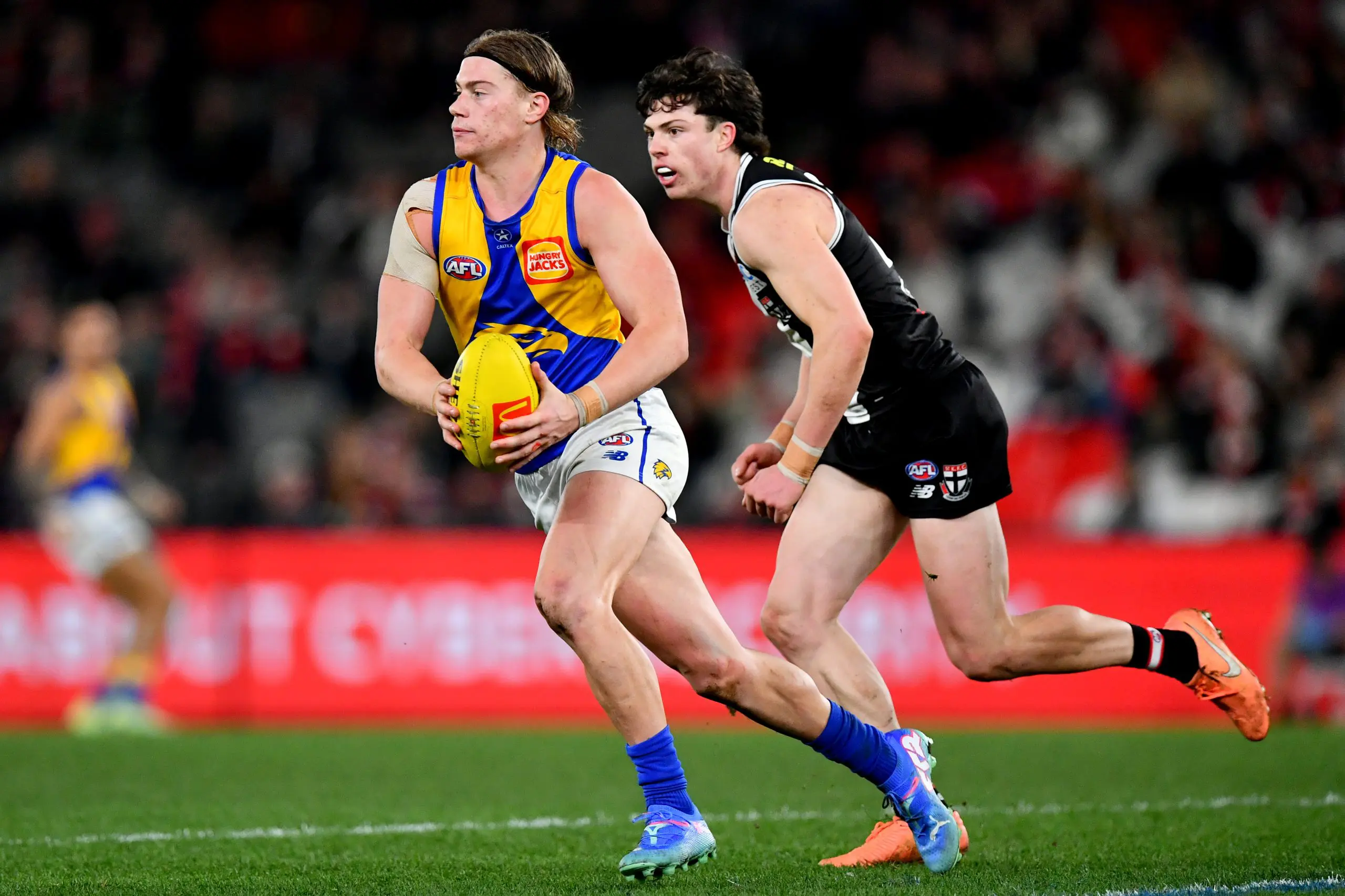 MELBOURNE, AUSTRALIA - JULY 20: Harley Reid of the Eagles runs with the ball during the round 19 AFL match between St Kilda Saints and West Coast Eagles at Marvel Stadium, on July 20, 2024, in Melbourne, Australia. (Photo by Josh Chadwick/AFL Photos/via Getty Images)