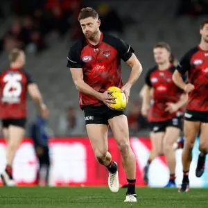 MELBOURNE, AUSTRALIA - JULY 27: Jayden Laverde of the Bombers warms up during the 2024 AFL Round 20 match between the St Kilda Saints and the Essendon Bombers at Marvel Stadium on July 27, 2024 in Melbourne, Australia. (Photo by Michael Willson/AFL Photos via Getty Images)