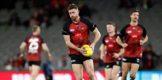 MELBOURNE, AUSTRALIA - JULY 27: Jayden Laverde of the Bombers warms up during the 2024 AFL Round 20 match between the St Kilda Saints and the Essendon Bombers at Marvel Stadium on July 27, 2024 in Melbourne, Australia. (Photo by Michael Willson/AFL Photos via Getty Images)