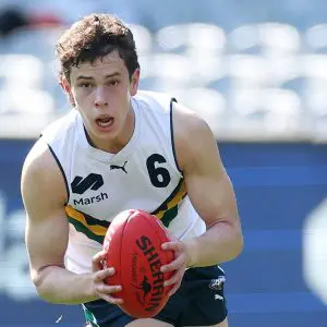 MELBOURNE, AUSTRALIA - SEPTEMBER 28: Samuel Grlj of Team Sloane looks to pass the ball during the Marsh AFL National Futures Boys match between Team Heppell and Team Sloane at Melbourne Cricket Ground, on September 28, 2024, in Melbourne, Australia. (Photo by Daniel Pockett/AFL Photos/via Getty Images)