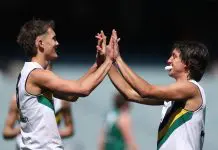 Dockers-linked prospect makes bold statement MELBOURNE, AUSTRALIA - SEPTEMBER 28: Jack Ison of Team Sloane celebrates kicking a goal with Toby Whan during the Marsh AFL National Futures Boys match between Team Heppell and Team Sloane at Melbourne Cricket Ground, on September 28, 2024, in Melbourne, Australia. (Photo by Daniel Pockett/AFL Photos/via Getty Images)